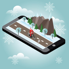 Santa Claus on a bike. Isometric countryside. Mobile geo tracking. Santa Claus cycling on countryside winter road or highway