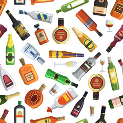 Illustrations for textile production. Seamless pattern with colored alcoholic bottles and glasses