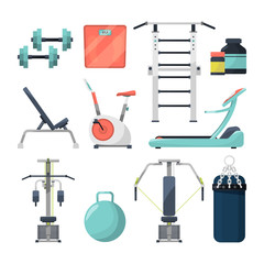 Different fitness items for gym. Illustration of equipment for bodybuilding