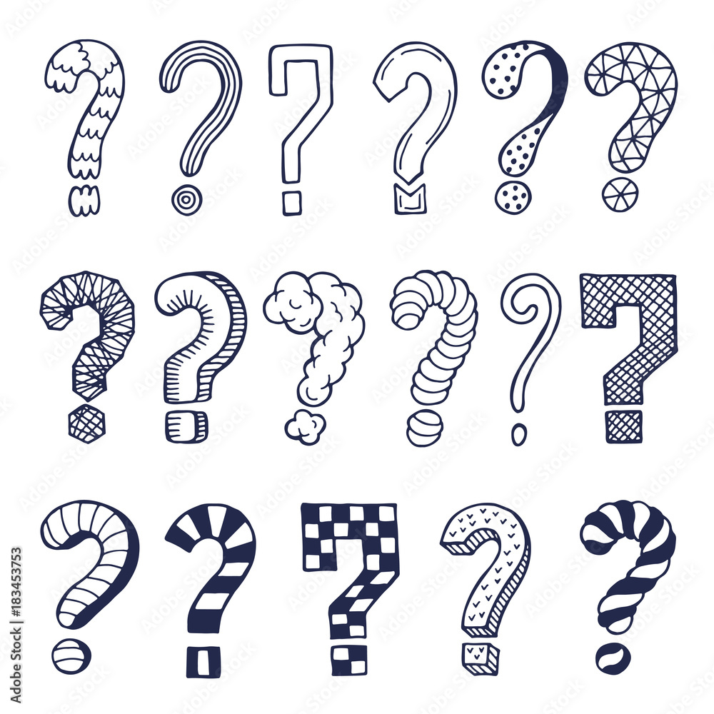 Poster set of drawn question marks in different styles. vector doodles