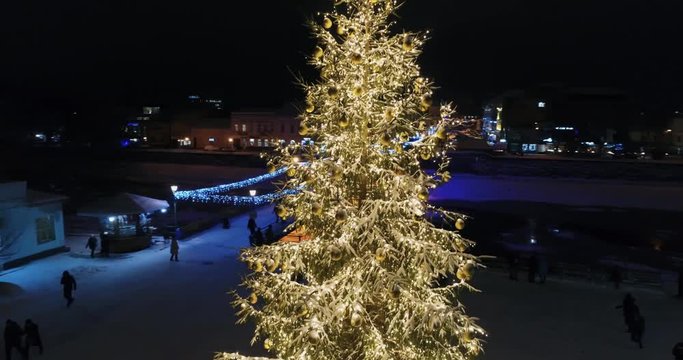 An Amazing Aerial View Of Night Fairytale Christmas Tree, Uzhgorod, Ukraine