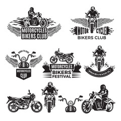 Emblems or logo designs for club of bikers. Illustrations of custom motorcycles and choppers © ONYXprj