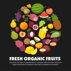 Organic fruits and berries harvest poster of fresh apple and mango or pineapple, natural pear, grape and tropical banana.