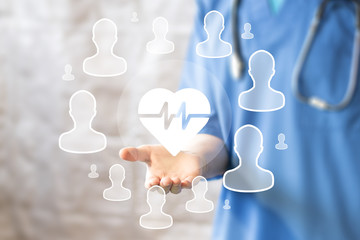 Doctor pushing button heart pulse healthcare network on virtual panel management online