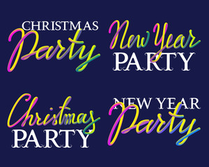 New Year and Christmas Party fluid colors and white lettering set. Elements for poster design.