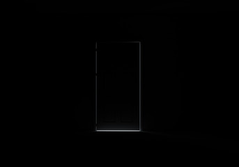 Opening black door in dark room with shining light