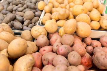 Fresh colorful potatoes at the farmers market.