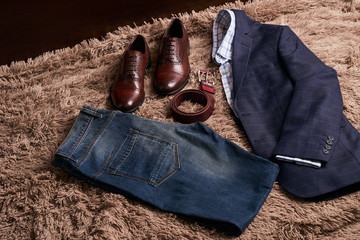 Classic men's clothes such as dark suit jacket