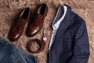 Classic men's clothes such as dark suit jacket