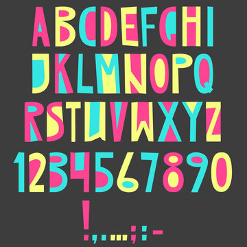 Vector English latin alphabet. Letters, numbers, symbols. Isolat