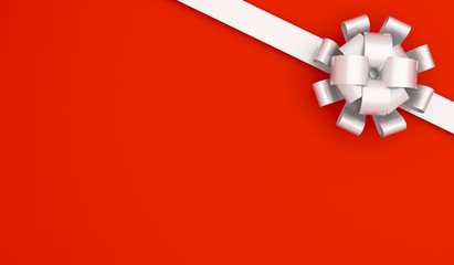 3D Rendering Of Silver Present Bow With Ribbon On Red Background With Space For Text