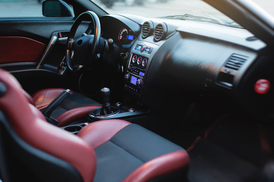 Fototapeta Sport car, red leather car seats interior