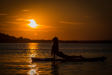 Silhouette of beautiful young girl exercising yoga on SUP in the scenic yellow sunset on lake Velke Darko, Zdar nad Sazovou, Czech republic
