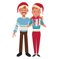 Beautiful couple with christmas hats icon vector illustration graphic design