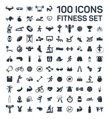 fitness and sport 100 isolated icons set on white background - obrazy, fototapety, plakaty