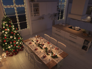 nordic kitchen with christmas decoration by night. 3d rendering