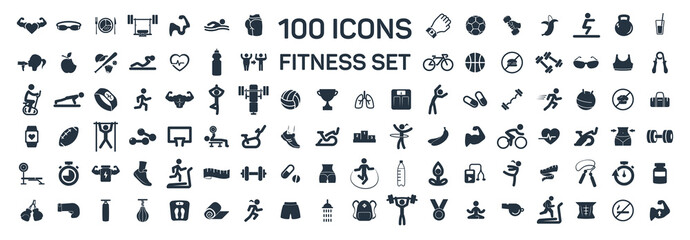 fitness and sport 100 isolated icons set on white background - obrazy, fototapety, plakaty