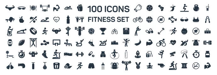 Foto op Aluminium fitness en sport 100 geïsoleerde pictogrammen op een witte achtergrond © salim138