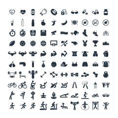 fitness and sport 100 isolated icons set on white background