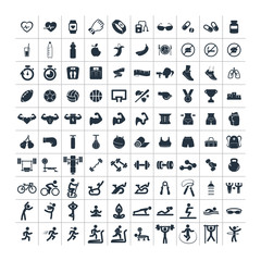 fitness and sport 100 isolated icons set on white background