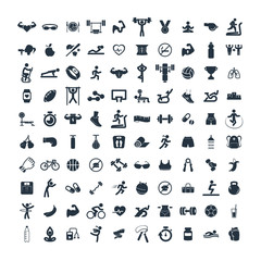 fitness and sport 100 isolated icons set on white background