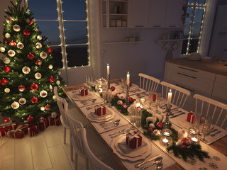 nordic kitchen with christmas decoration by night. 3d rendering