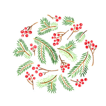 Watercolor card with Christmas evergreens. Circle composition of spruce and holly berries