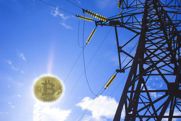energy for mining cryptocurrency. Power line on blue sky background with clouds and coins of bitcoin is the sun.