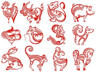 Chinese zodiac animals in paper cut style 