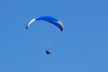 Vol en parapente avec aile bleue et blanche sur fond de ciel bleu d'été dans les Alpes.