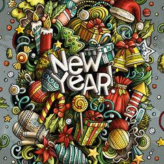 Cartoon vector doodles New Year illustration