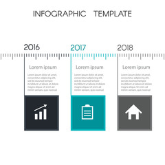 Colorful timeline infographic from squares. Template for graphics, presentation, business, web design, reports. Chart with 3 steps. With space for text and icons. Slide Template