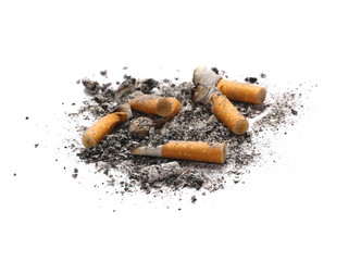 Cigarette stubs and ash isolated on white background