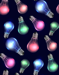 Seamless texture with multicolored light bulbs on a dark background. Garland. Vector pattern for your creativity