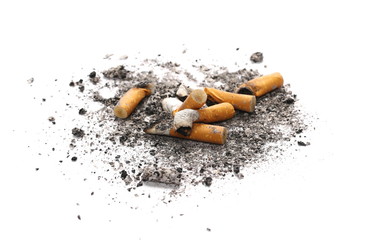 Cigarette stubs and ash isolated on white background