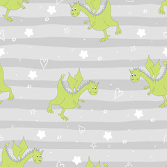 Cute hand drawn seamless pattern with funny dragons