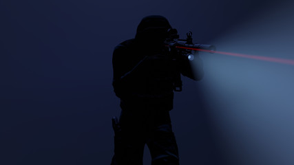 3d illustration of a swat officer in action with the flashlight and laser sight on