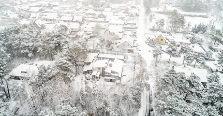 Village near Gifhorn, Germany, after the first snowfall, aerial photo