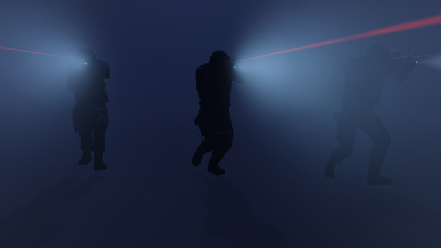 3d illustration of a swat team in action with the flashlights and laser sights on
