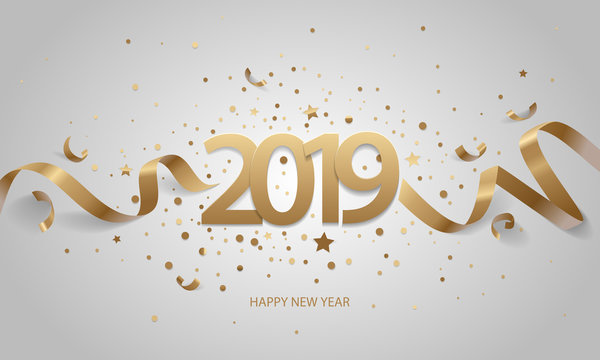 Happy New Year 2019. Golden Numbers With Ribbons And Confetti On A White Background.
