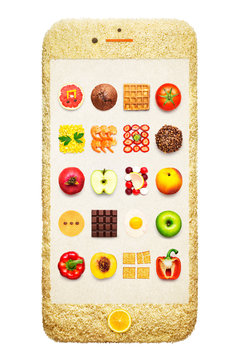 Smart Food / Creative Concept Photo Of Smartphone Made Of Fruits And Vegetables On White Background.