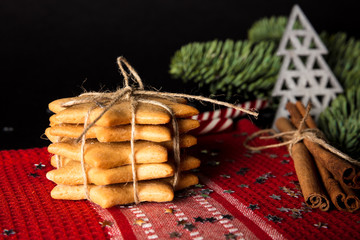 Cozy atmosphere, ginger sorrow, gingerbread man, cinnamon and cocoa with marshmallows