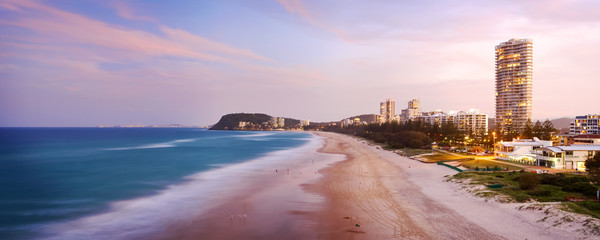 Dusk over North Burleigh Heads on the Gold Coast with the Burleigh headland visible in the...