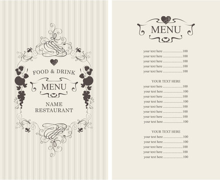 Vector menu for restaurant or cafe with floral ornaments and price list in Baroque style on striped background