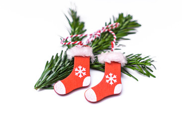 Fir branch with Christmas decoration on white background, copy space