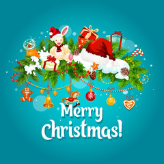 Christmas tree with gift, ornament greeting card