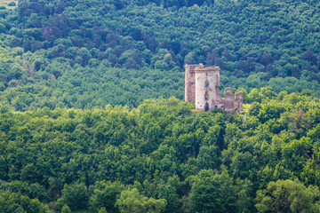 Fototapeta na wymiar Abandoned ruins of Chervonohorod Castle over Dnister River Valley landscape park in Ukraine