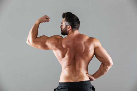 Back view portrait of a muscular shirtless male bodybuilder