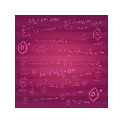 Fototapeta na wymiar Chemistry background with stripes in burgundy color consisting of chemical reactions and formulas