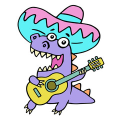 Mexican colorful guitarist dinosaur. Vector illustration.